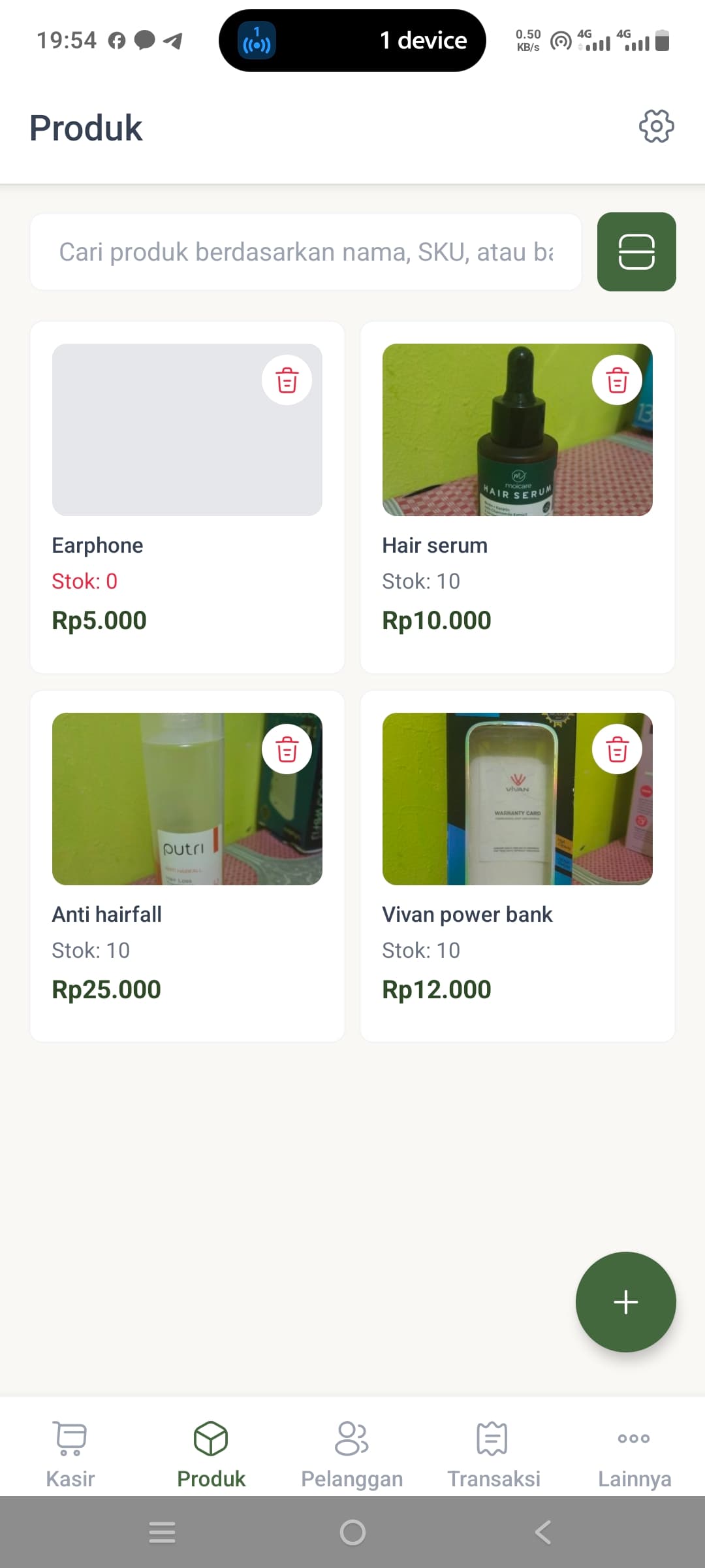 Tampilan aplikasi kasir Kasata di Android: produk, keranjang, dan total penjualan